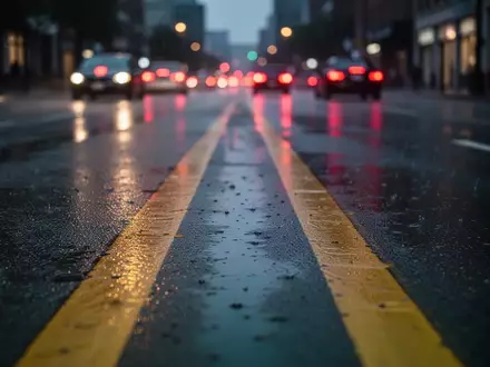 Nasse Asphaltstraße bei Dämmerung mit verschwommenen Rücklichtern in der Ferne und reflektierenden Fahrbahnmarkierungen. - Foto: über boerse-global.de