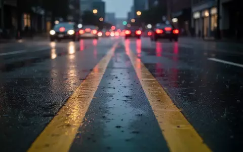 Nasse Asphaltstraße bei Dämmerung mit verschwommenen Rücklichtern in der Ferne und reflektierenden Fahrbahnmarkierungen. - Foto: über boerse-global.de