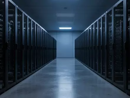Dunkler, moderner Serverraum mit leeren Racks und blauem Umgebungslicht auf poliertem Betonboden. - Foto: über boerse-global.de