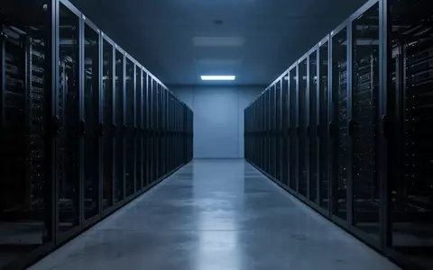 Dunkler, moderner Serverraum mit leeren Racks und blauem Umgebungslicht auf poliertem Betonboden. - Foto: über boerse-global.de