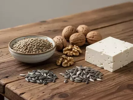 Verschiedene naturbelassene, proteinreiche Lebensmittel wie Hülsenfrüchte und Nüsse auf einem Holztisch. - Foto: über boerse-global.de