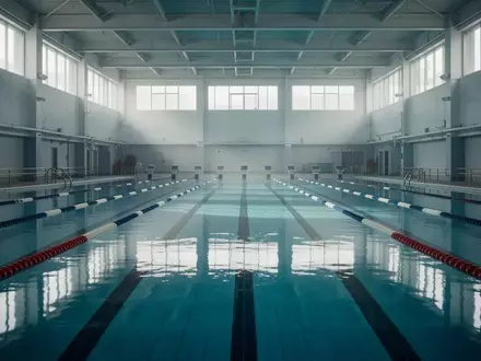 Leere Schwimmbahn in einem Hallenbad mit klarem blauem Wasser und natürlichem Lichteinfall. - Foto: über boerse-global.de