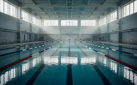Leere Schwimmbahn in einem Hallenbad mit klarem blauem Wasser und natürlichem Lichteinfall. - Foto: über boerse-global.de