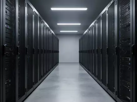 Ein moderner, minimalistischer Serverraum mit dunklen, sauberen Metall-Serverracks in einer kühlen, industriellen Umgebung. - Foto: über boerse-global.de