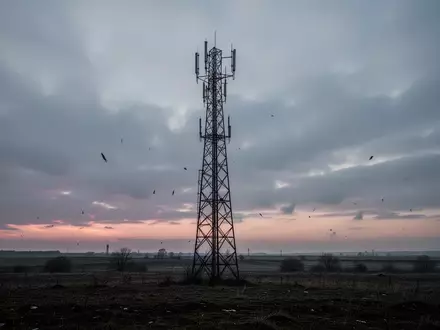 Ein einsamer Mobilfunkmast vor einem bewölkten Abendhimmel in einer ländlichen Umgebung. - Foto: über boerse-global.de
