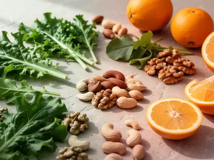 Frische Lebensmittel wie grünes Blattgemüse, Nüsse und Zitrusfrüchte auf einem steinernen Untergrund bei natürlichem Licht. - Foto: über boerse-global.de