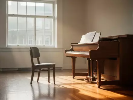 Ein minimalistischer Musikraum mit einem Klavier und einem leeren Stuhl in hellem, natürlichem Licht. - Foto: über boerse-global.de