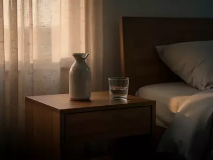 Ein minimalistischer Nachttisch in einem schlafzimmer bei morgendlichem Licht mit einer Wasserkaraffe. - Foto: über boerse-global.de