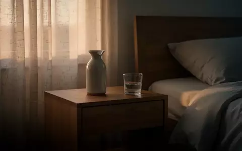 Ein minimalistischer Nachttisch in einem schlafzimmer bei morgendlichem Licht mit einer Wasserkaraffe. - Foto: über boerse-global.de