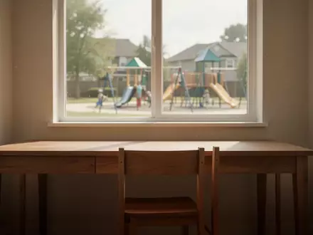 Ein heller, minimalistischer Raum mit Blick auf einen friedlichen Spielplatz, der eine sichere Umgebung symbolisiert. - Foto: über boerse-global.de