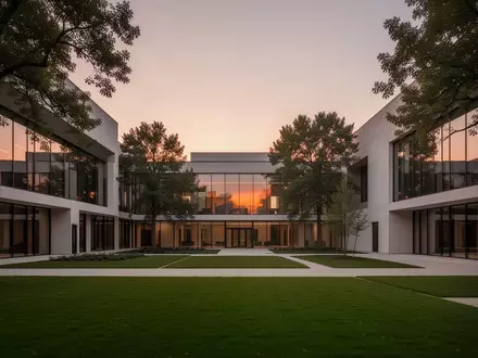 Ein moderner, minimalistischer Campus-Innenhof mit geometrischer Architektur und großen Glasfassaden bei Dämmerung. - Foto: über boerse-global.de