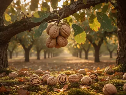 Reife Walnüsse an einem Baum und am Boden eines sonnendurchfluteten Obstgartens im Herbst. - Foto: über boerse-global.de