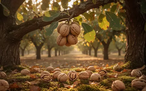 Reife Walnüsse an einem Baum und am Boden eines sonnendurchfluteten Obstgartens im Herbst. - Foto: über boerse-global.de