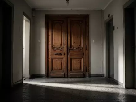 Eine schwere, hölzerne Wohnungstür in einem ruhigen, schattigen Flur eines Mehrfamilienhauses. - Foto: über boerse-global.de