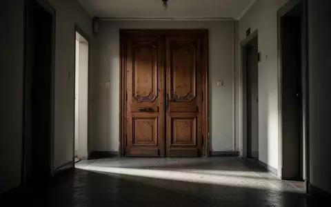 Eine schwere, hölzerne Wohnungstür in einem ruhigen, schattigen Flur eines Mehrfamilienhauses. - Foto: über boerse-global.de