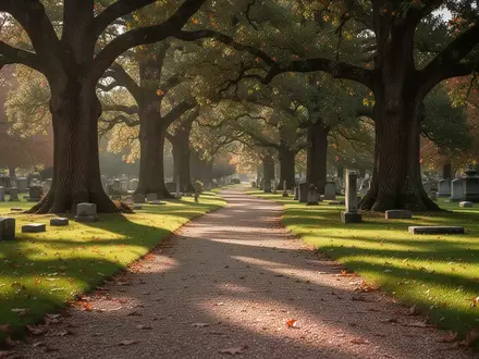 Ein von Bäumen gesäumter Kiesweg auf einem gepflegten Friedhof an einem sonnigen Herbsttag. - Foto: über boerse-global.de