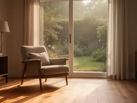 Ein sonnendurchflutetes Wohnzimmer mit einem bequemen Sessel am Fenster mit Blick in einen Garten. - Foto: über boerse-global.de