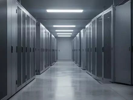 Ein minimalistischer, modern beleuchteter Serverraum mit metallischen Schränken in einer professionellen IT-Umgebung. - Foto: über boerse-global.de