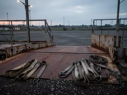 Eine leere, industrielle Ladefläche mit aufgerollten Spanngurten auf einem Kiesplatz bei Dämmerung. - Foto: über boerse-global.de