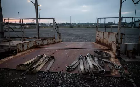 Eine leere, industrielle Ladefläche mit aufgerollten Spanngurten auf einem Kiesplatz bei Dämmerung. - Foto: über boerse-global.de