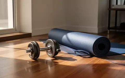 Ein minimalistischer Fitnessbereich mit Kurzhanteln und einer Yogamatte in hellem, natürlichem Tageslicht. - Foto: über boerse-global.de