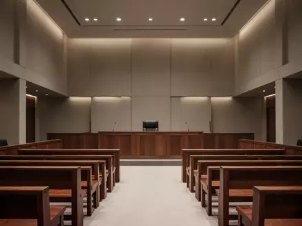 Ein leerer Gerichtssaal mit polierten Holzbänken und dezenter Beleuchtung in einem modernen Justizgebäude. - Foto: über boerse-global.de