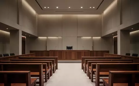 Ein leerer Gerichtssaal mit polierten HolzbĂ€nken und dezenter Beleuchtung in einem modernen JustizgebĂ€ude. - Foto: ĂŒber boerse-global.de