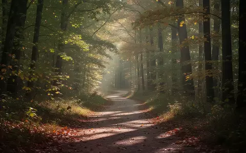 Ein sonnendurchfluteter Waldweg im Herbst, der friedlich durch den Wald führt. - Foto: über boerse-global.de