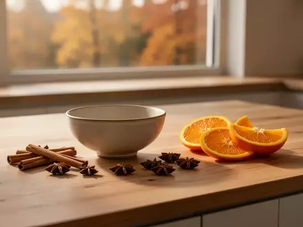 Ein minimalistischer Holztisch mit Zimtstangen, Sternanis und Orangenscheiben in warmem Tageslicht. - Foto: über boerse-global.de