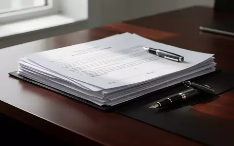 Ein ordentlich sortierter Stapel juristischer Dokumente auf einem dunklen Schreibtisch mit einem Füllfederhalter. - Foto: über boerse-global.de