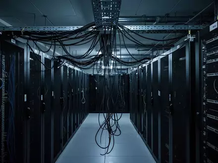 Dunkler Serverraum mit ungenutzten Netzwerkschränken und herabhängenden Kabeln in einer industriellen Umgebung. - Foto: über boerse-global.de