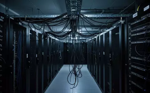 Dunkler Serverraum mit ungenutzten Netzwerkschränken und herabhängenden Kabeln in einer industriellen Umgebung. - Foto: über boerse-global.de