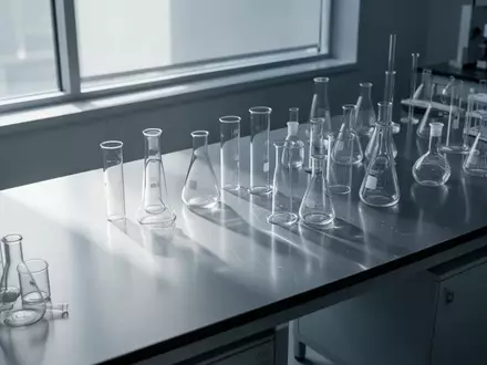 Ein steriler, minimalistischer Labortisch mit leeren Glasgefäßen in einem hellen, wissenschaftlichen Forschungsumfeld. - Foto: über boerse-global.de