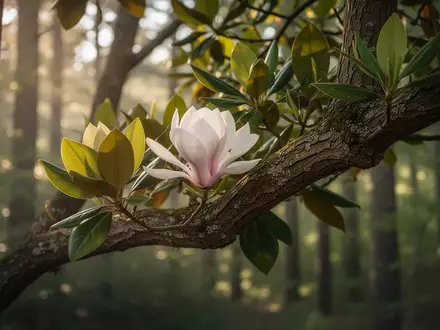 Ein Ast eines Magnolienbaums mit detaillierter Rindenstruktur und grünen Blättern im natürlichen Licht. - Foto: über boerse-global.de