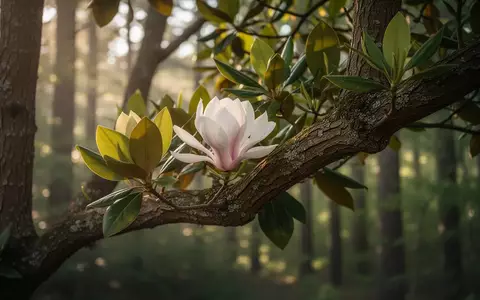 Ein Ast eines Magnolienbaums mit detaillierter Rindenstruktur und grĂŒnen BlĂ€ttern im natĂŒrlichen Licht. - Foto: ĂŒber boerse-global.de