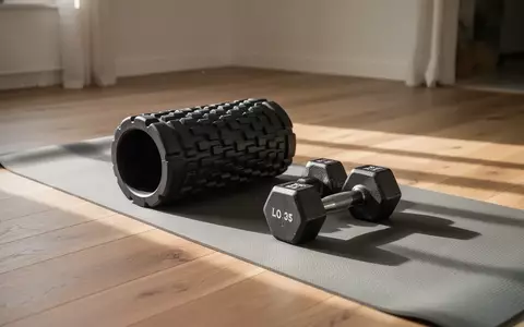 Eine Faszienrolle und Kurzhanteln auf einer Yogamatte in einem hellen, minimalistischen Trainingsraum. - Foto: über boerse-global.de