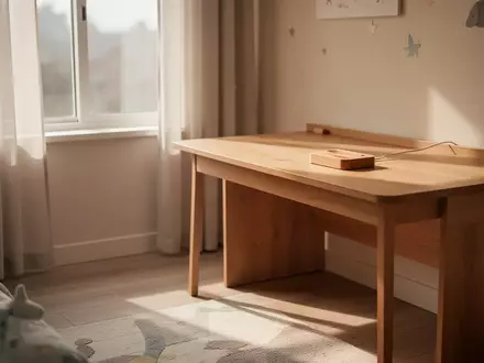 Ein aufgeräumter, sonnendurchfluteter Kinderschreibtisch mit einer leeren Ladestation in einem ruhigen Zimmer. - Foto: über boerse-global.de