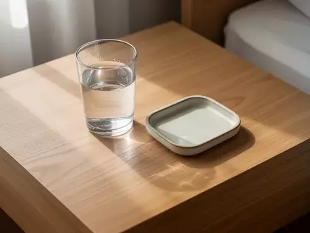 Ein minimalistischer Nachttisch aus hellem Holz mit einem Glas Wasser im sanften Morgenlicht. - Foto: über boerse-global.de