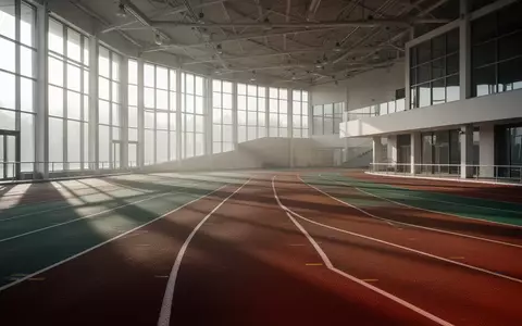 Eine leere, lichtdurchflutete Laufbahn in einer modernen Sportanlage bei natürlichem Morgenlicht. - Foto: über boerse-global.de