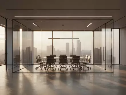 Ein minimalistisches, modernes Büro mit leeren Konferenzräumen und tiefen Schatten bei natürlichem Tageslicht. - Foto: über boerse-global.de