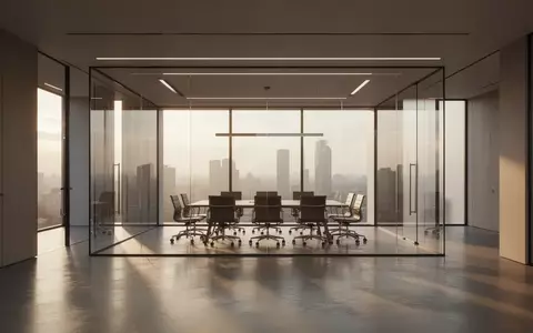 Ein minimalistisches, modernes Büro mit leeren Konferenzräumen und tiefen Schatten bei natürlichem Tageslicht. - Foto: über boerse-global.de
