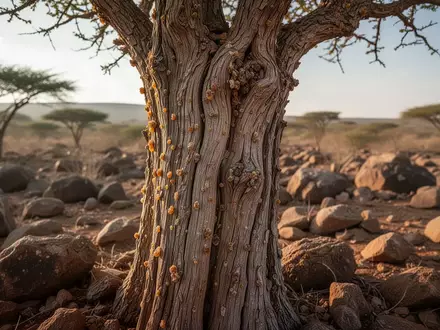 Ein alter Boswellia-Baum in einer trockenen Felslandschaft unter natürlichem Sonnenlicht. - Foto: über boerse-global.de