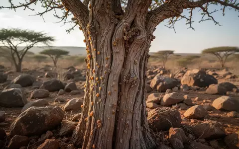 Ein alter Boswellia-Baum in einer trockenen Felslandschaft unter natürlichem Sonnenlicht. - Foto: über boerse-global.de