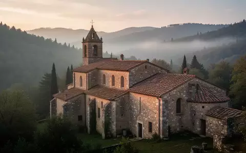 Die alten, verwitterten Steinmauern eines abgelegenen Franziskanerklosters in der toskanischen Berglandschaft bei Morgendämmerung. - Foto: über boerse-global.de