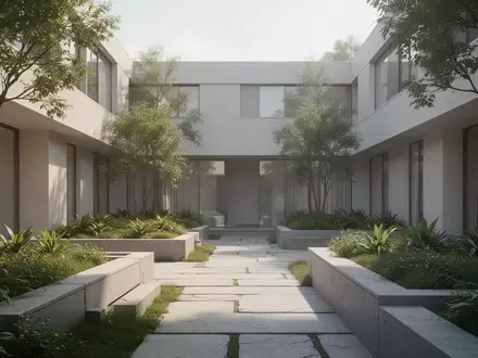 Ein minimalistischer Innenhof einer modernen medizinischen Einrichtung mit klaren architektonischen Linien und Begrünung. - Foto: über boerse-global.de