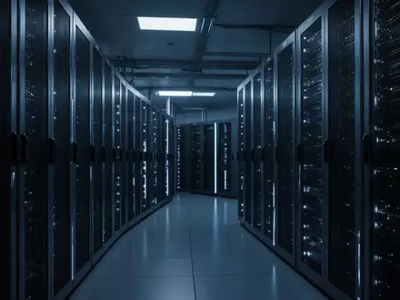 Ein dunkler, technischer Serverraum mit blauer Beleuchtung, der die digitale Infrastruktur symbolisiert. - Foto: über boerse-global.de