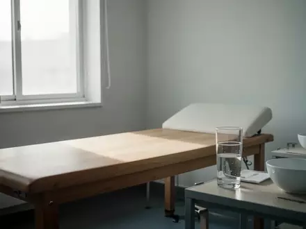 Ein minimalistischer, heller Behandlungsraum mit einem Holztisch und einem Glas Wasser in ruhiger Atmosphäre. - Foto: über boerse-global.de