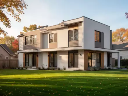 Moderne Doppelhaushälfte in einer ruhigen Wohnsiedlung bei Tageslicht. - Foto: über boerse-global.de