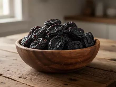 Eine Nahaufnahme von getrockneten Pflaumen in einer rustikalen Holzschale auf einem Holztisch. - Foto: über boerse-global.de