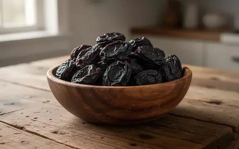 Eine Nahaufnahme von getrockneten Pflaumen in einer rustikalen Holzschale auf einem Holztisch. - Foto: über boerse-global.de